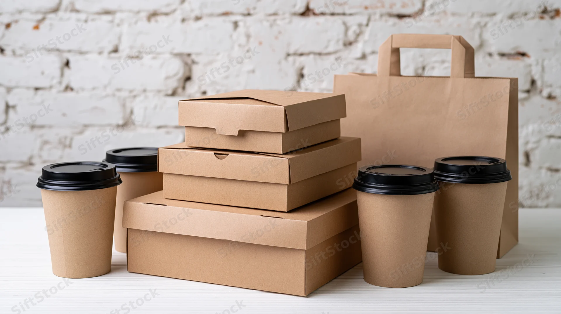Kraft paper takeout packaging arranged on white surface with brick wall background