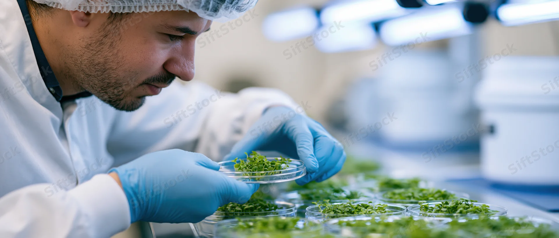 Lab technician examining plant seedlings in petri dishes in a laboratory