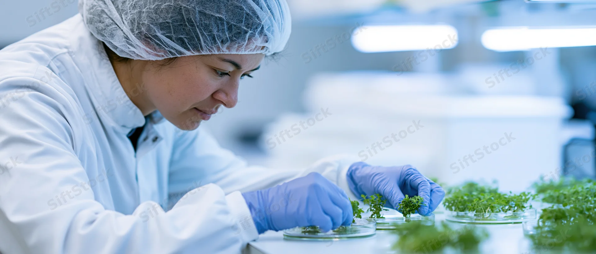 Woman scientist examining plant seedlings in petri dishes in a laboratory