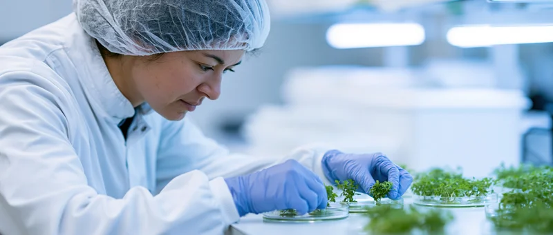 Woman scientist examining plant seedlings in petri dishes in a laboratory