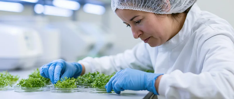 Woman in white cleanroom suit and blue gloves examining microgreens in petri dishes in a laboratory