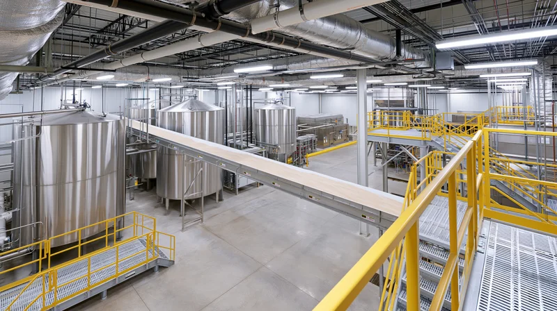 Interior of large-scale food processing facility with stainless steel tanks and yellow safety railings