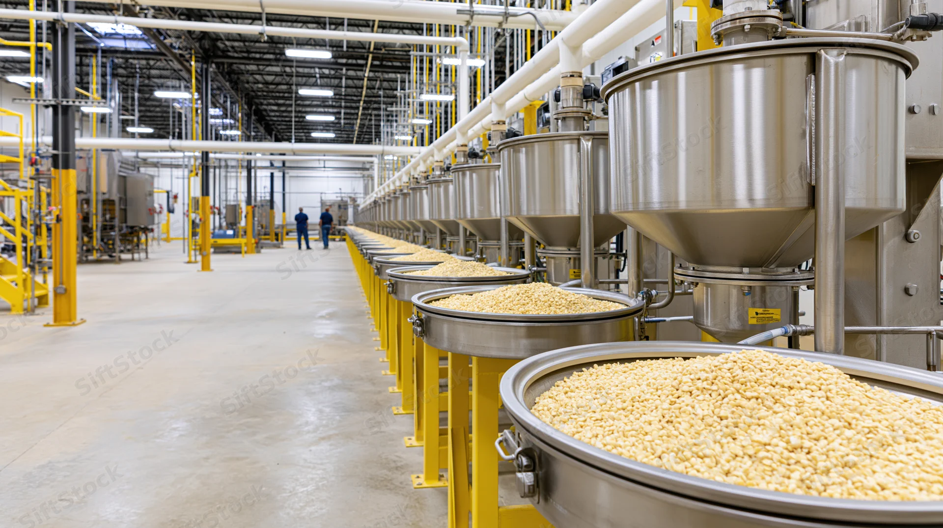 Long row of stainless steel hoppers filled with grains in a food processing plant interior