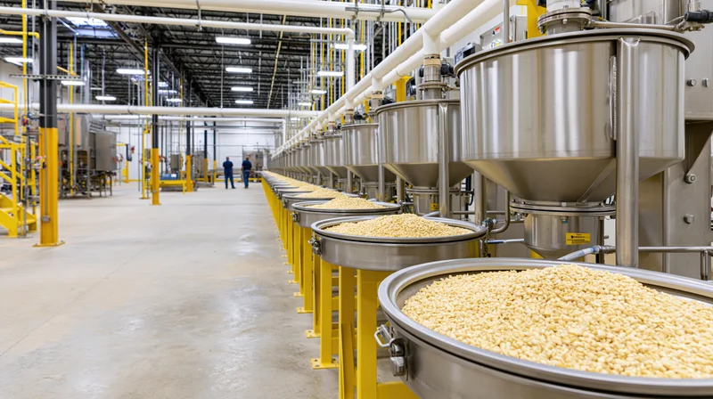 Long row of stainless steel hoppers filled with grains in a food processing plant interior