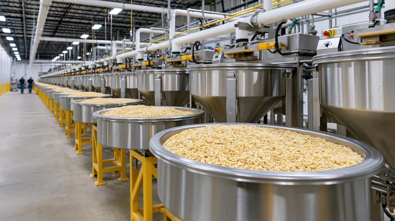 Long row of stainless steel funnels filled with cereal grains in a food processing plant interior