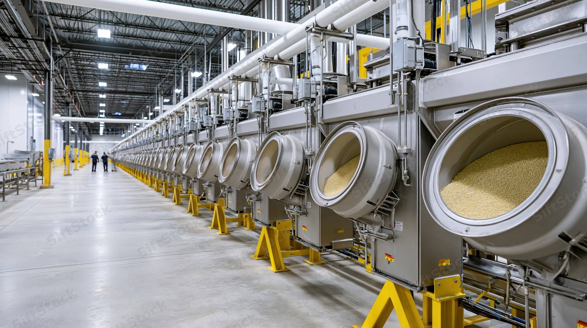 Long row of stainless steel processing tanks filled with grain in a large food manufacturing plant interior