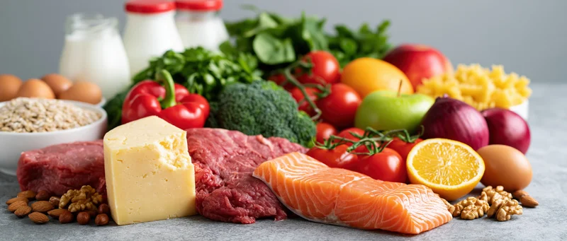 Variety of balanced diet foods arranged on a grey countertop