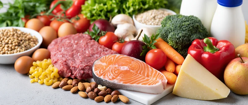 Variety of nutritious foods including salmon, vegetables, dairy, grains, and nuts arranged on a grey surface