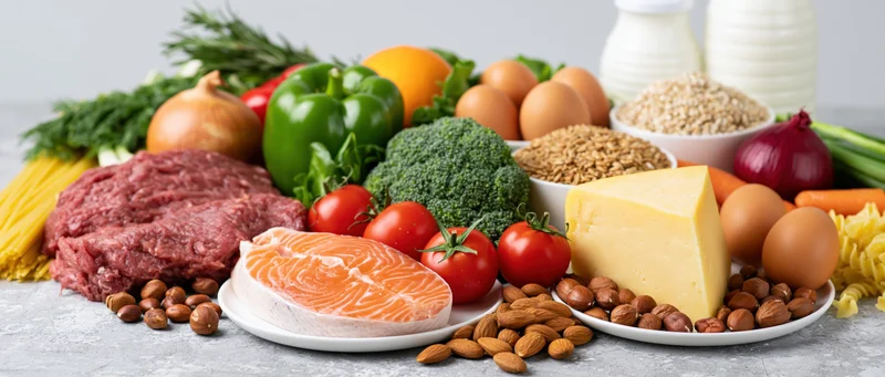 Variety of fresh whole foods including salmon, beef, eggs, vegetables, nuts, and dairy arranged on a grey countertop