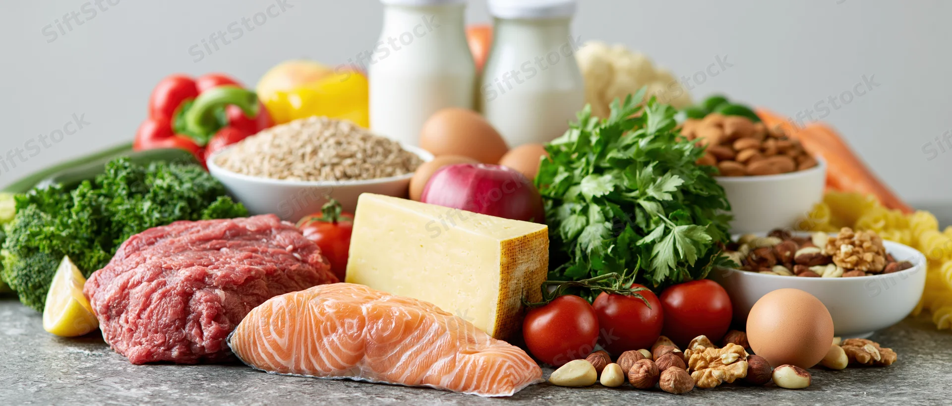 Variety of balanced diet foods arranged on a grey stone countertop