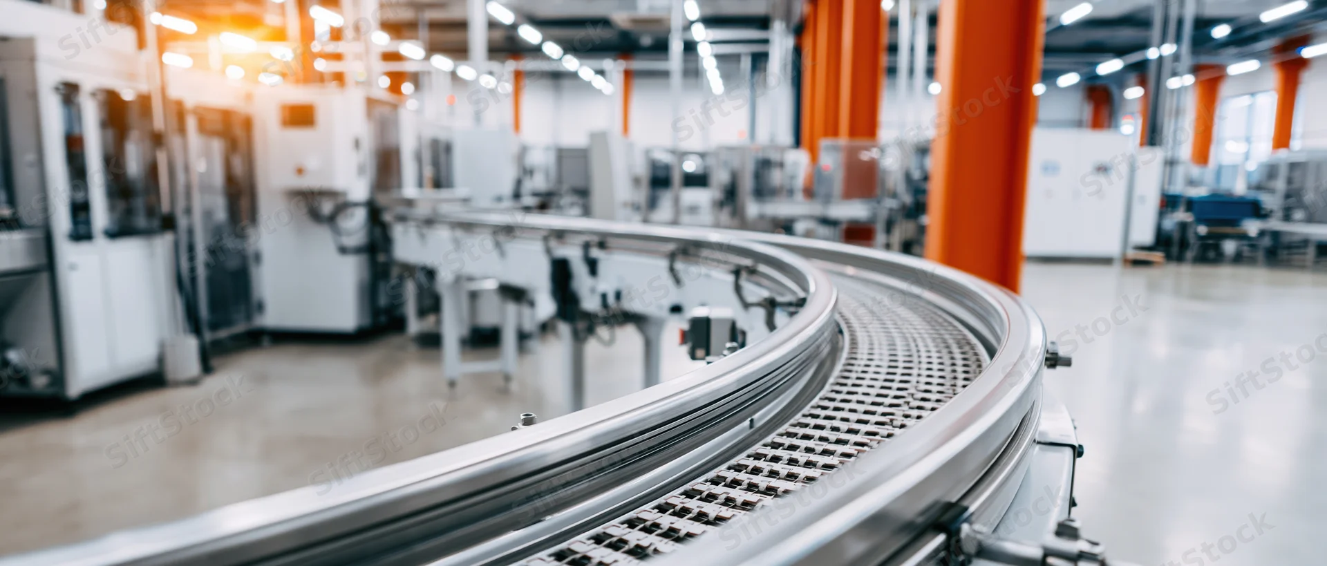 Curved metal conveyor belt in a large industrial factory interior