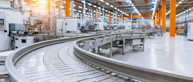 Curved conveyor belt in a modern factory interior with white machinery and orange structural columns