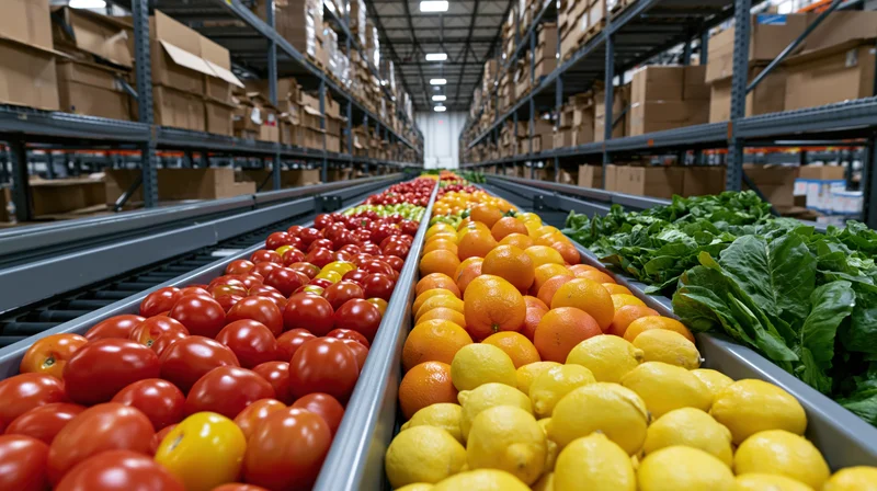 Fresh produce moving on conveyor belts in a large distribution warehouse