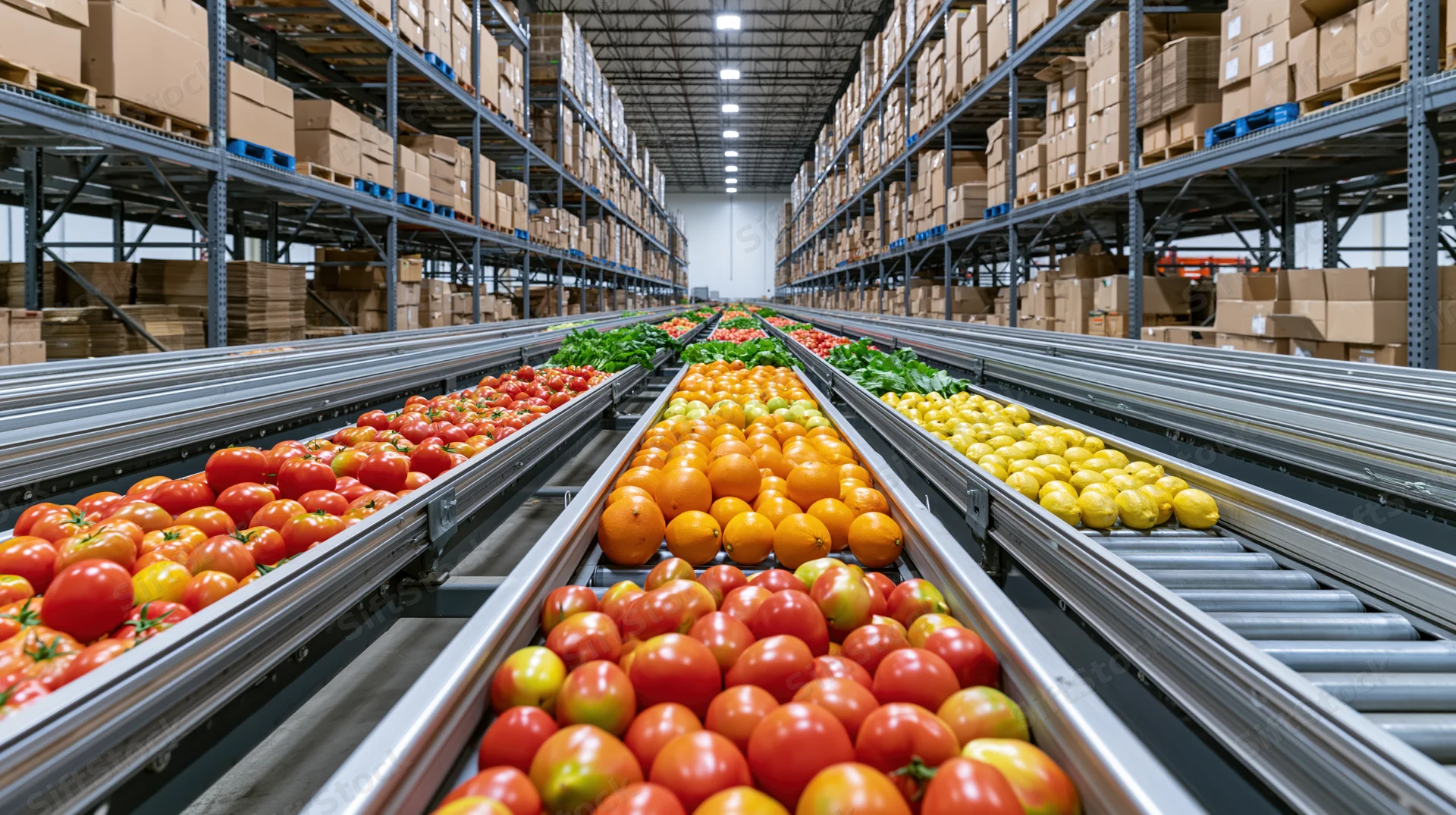 Fresh produce moving on conveyor belts through a large distribution warehouse