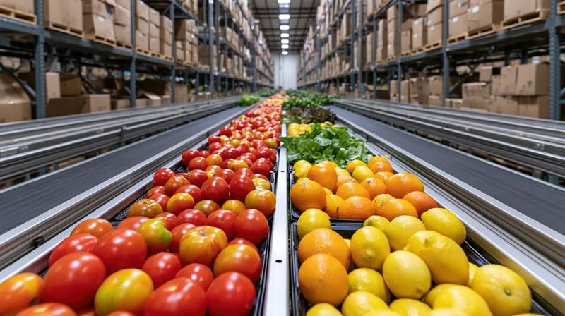 Tomatoes and citrus fruits moving on conveyor belts in a large distribution warehouse