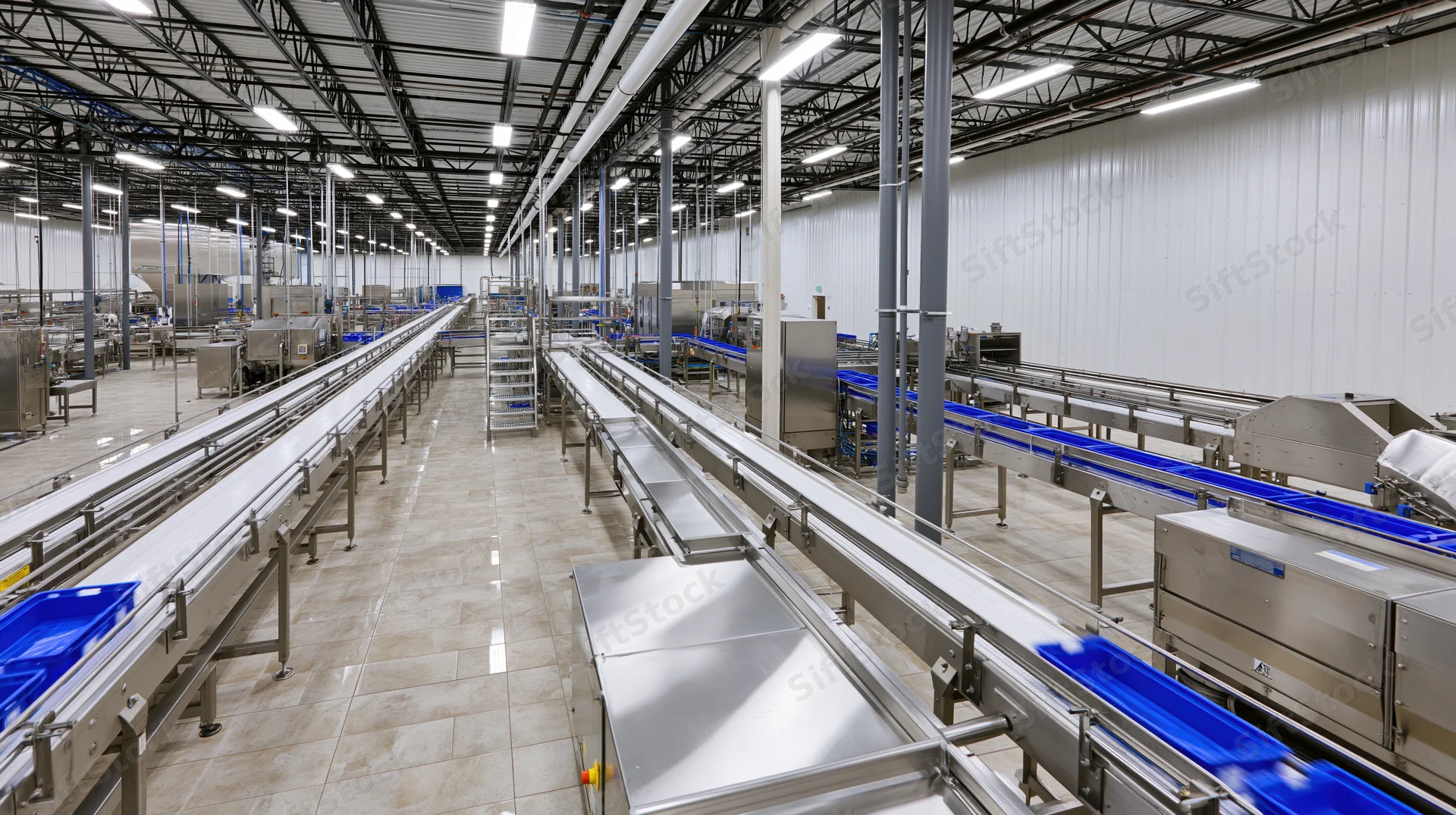 Stainless steel conveyor belts running through a large food processing factory interior
