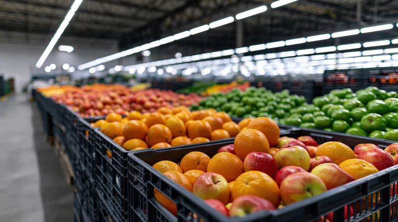 Rows of fruit in black crates lined up in a large industrial warehouse under fluorescent lighting