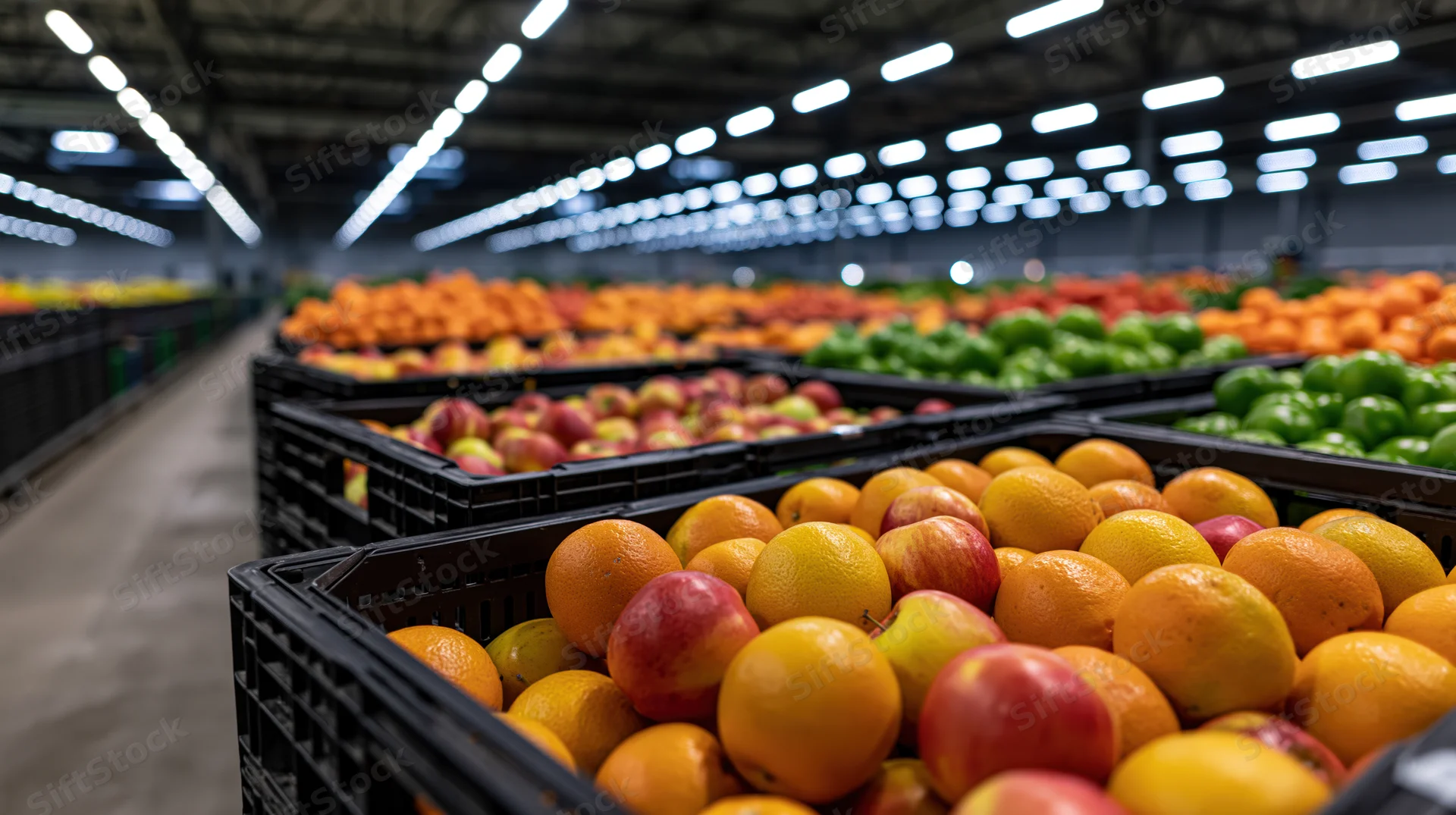 Rows of fruit in black crates lined up in a large industrial warehouse with fluorescent lighting overhead