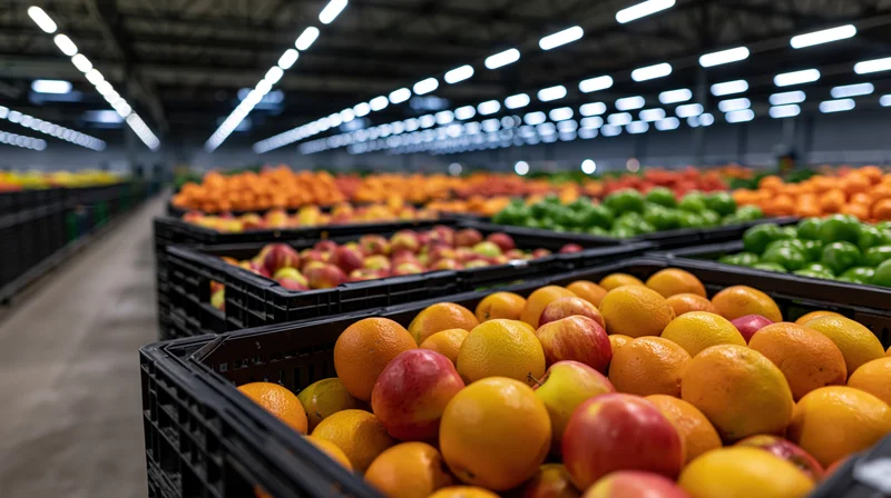 Rows of fruit in black crates lined up in a large industrial warehouse with fluorescent lighting overhead