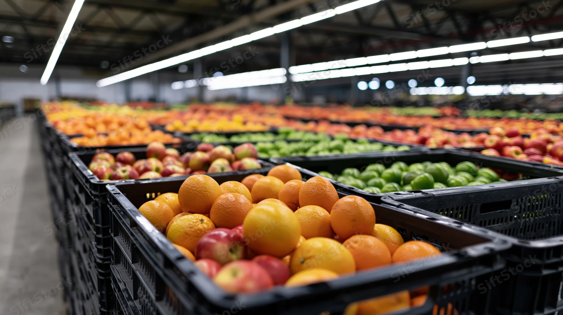 Rows of fruit in black crates lined up in a large industrial warehouse