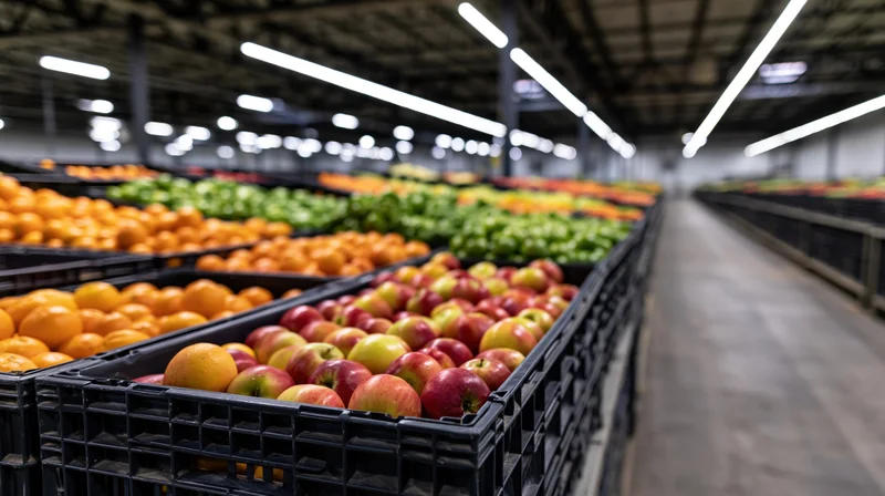 Rows of apples and oranges in black crates lined up in an industrial warehouse aisle