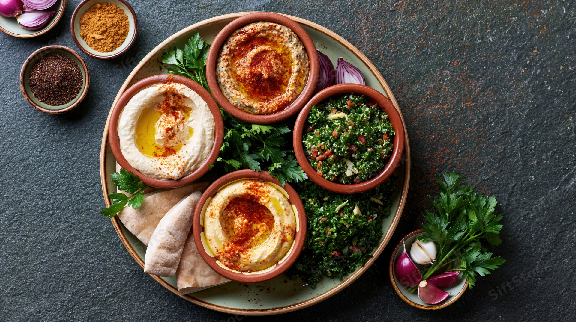 Lebanese mezze spread with hummus, tabbouleh and pita on a dark stone surface viewed from directly overhead