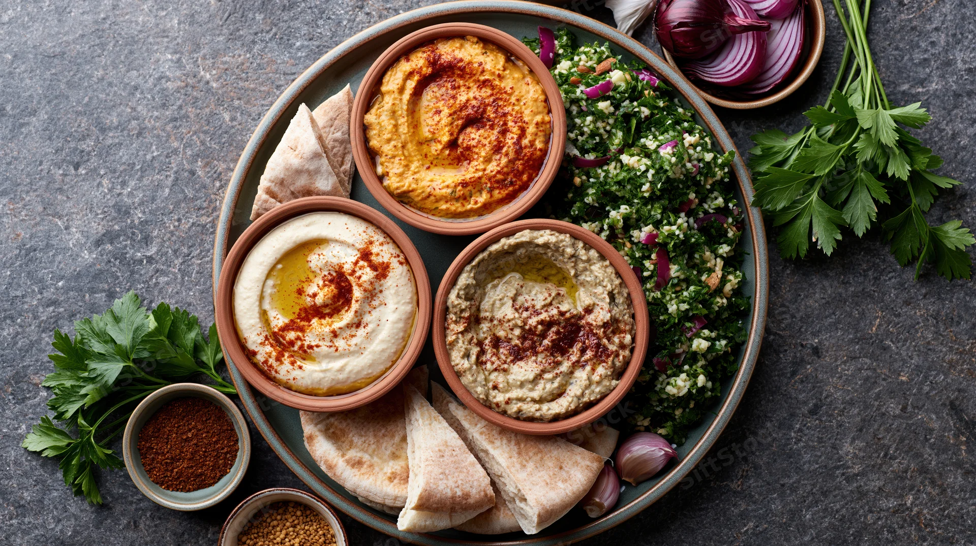 Lebanese mezze platter with hummus, tabbouleh, pita and spices arranged overhead on stone surface