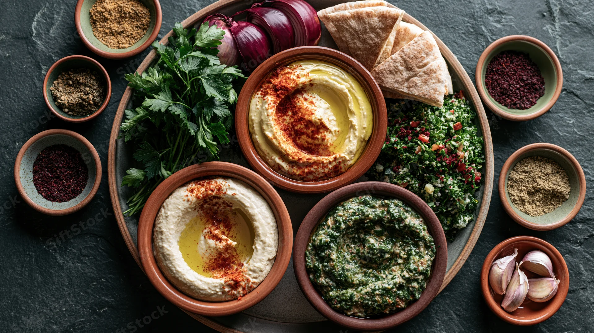 Lebanese mezze spread with hummus, tabbouleh, pita and spices arranged on a dark stone surface viewed from directly overhead