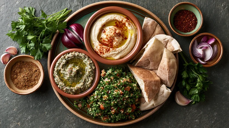 Lebanese mezze spread with hummus, tabbouleh, pita, and herbs arranged on a dark stone surface viewed from directly overhead