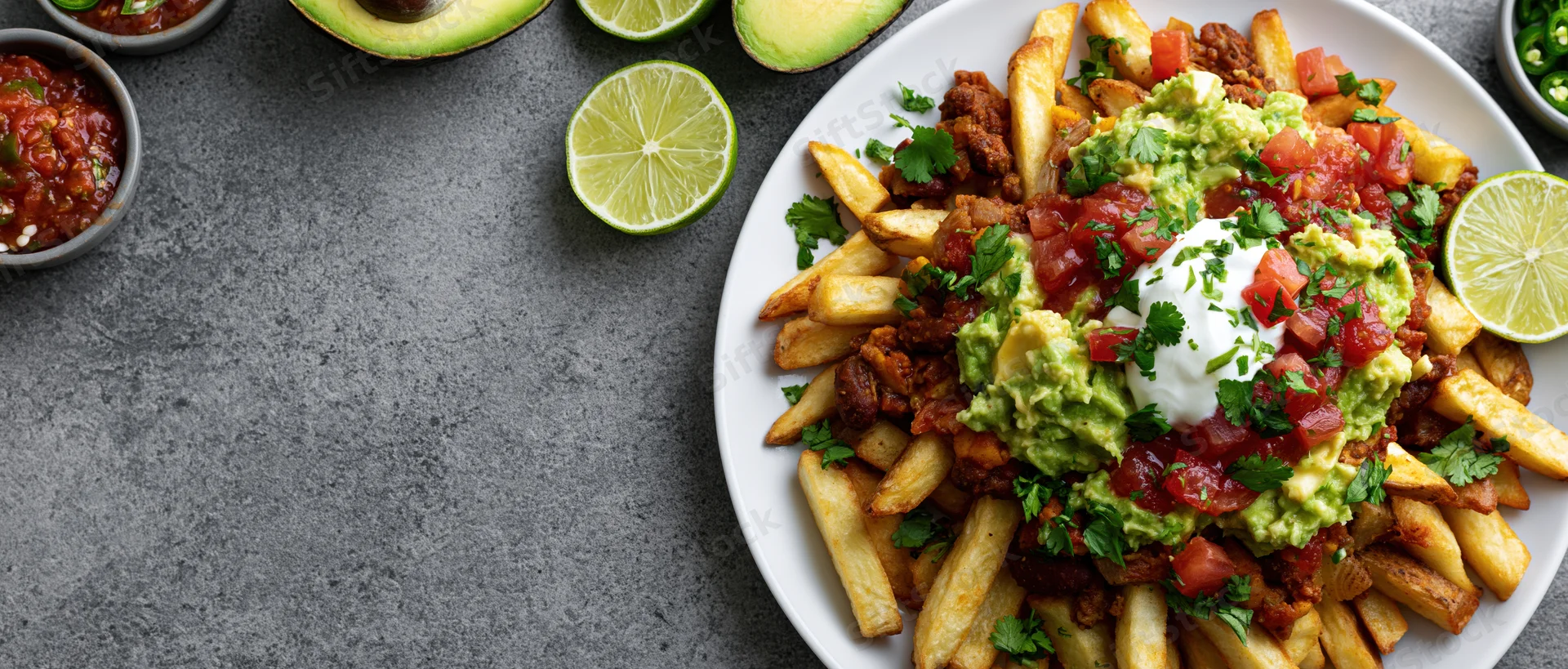Loaded mexican-style fries topped with chili, guacamole, sour cream, salsa, and cilantro on a white plate with lime wedges and avocado on a gray stone surface