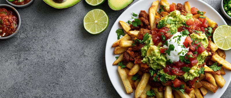 Loaded mexican-style fries topped with chili, guacamole, sour cream, salsa, and cilantro on a white plate with lime wedges and avocado on a gray stone surface