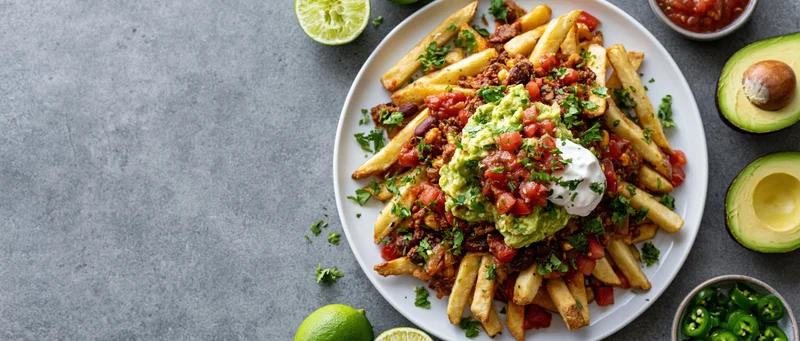 Loaded mexican-style fries topped with chili, guacamole, sour cream and salsa on a white plate with avocado and lime on a gray stone surface