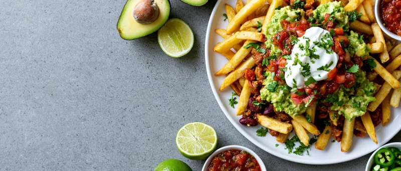 Loaded mexican-style fries topped with chili, guacamole, sour cream and salsa on a white plate with lime and avocado on gray surface