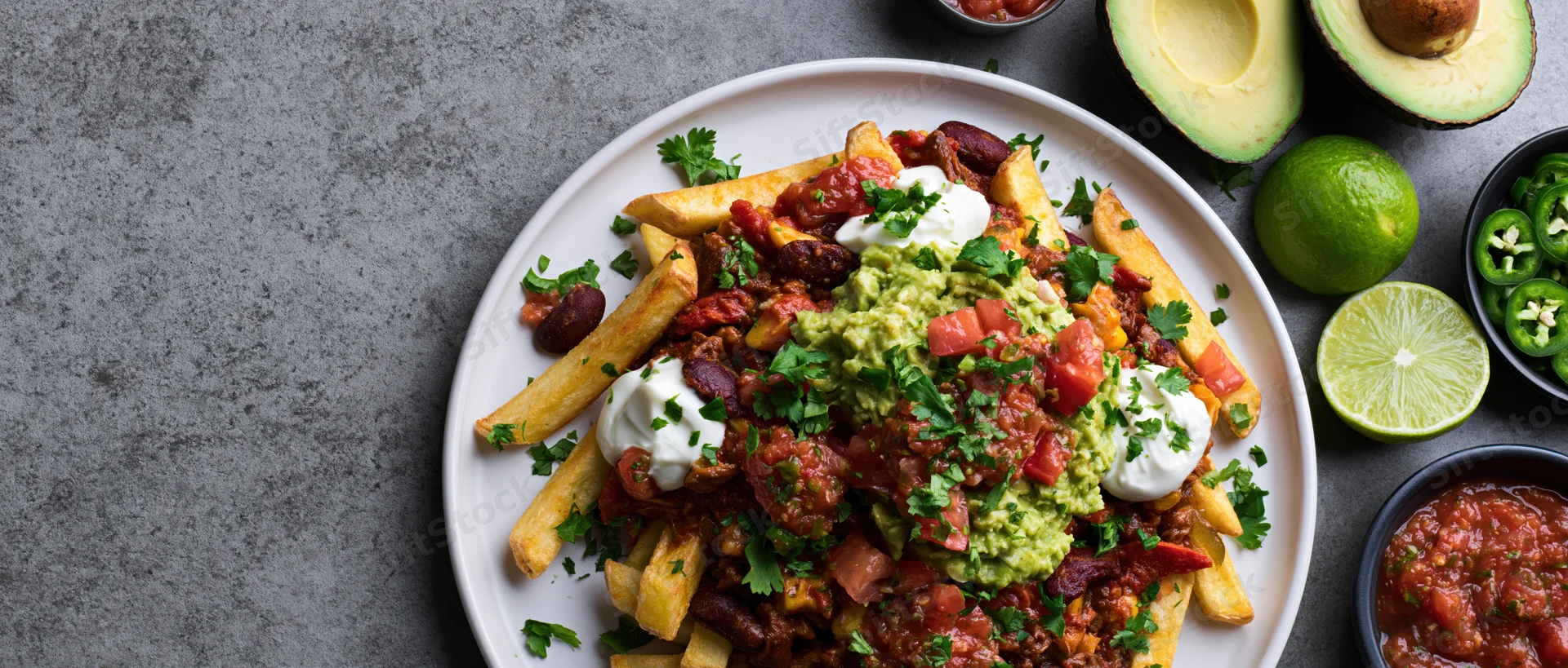 Loaded mexican-style fries topped with chili, guacamole, sour cream and cilantro on a white plate with avocado, lime and salsa on a gray stone surface