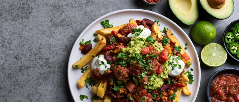 Loaded mexican-style fries topped with chili, guacamole, sour cream and cilantro on a white plate with avocado, lime and salsa on a gray stone surface