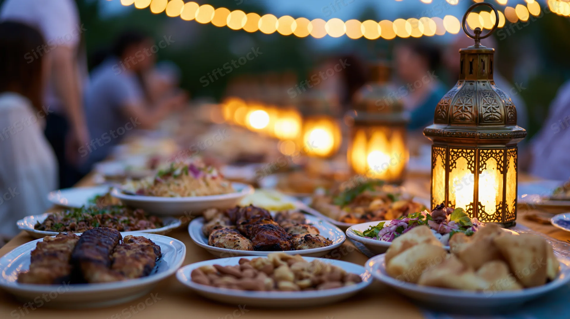 Long outdoor iftar table set with grilled meats and dishes under string lights and lanterns