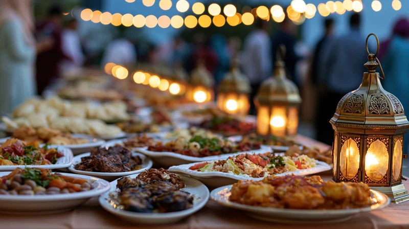 Long outdoor iftar table with dishes of grilled meats and rice under warm lantern lights and string lights, surrounded by people in the background
