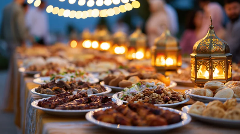 Long outdoor iftar table with plates of grilled meats, bread, nuts and lanterns glowing under string lights