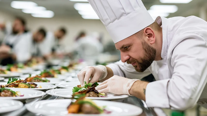 Male chef plating dishes with garnish in a restaurant kitchen