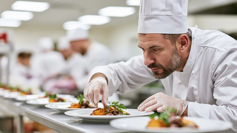 Male chef carefully plating a dish in a professional kitchen