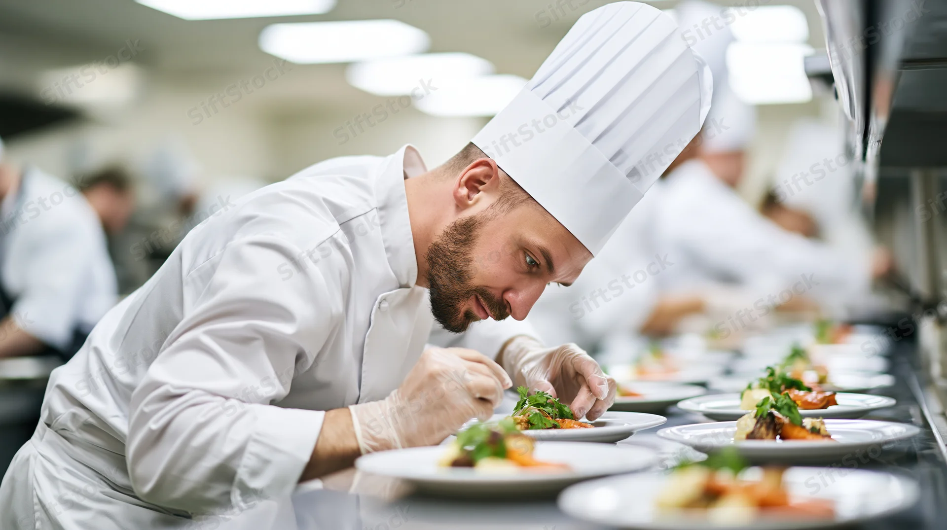 Male chef carefully plating dishes in a professional kitchen