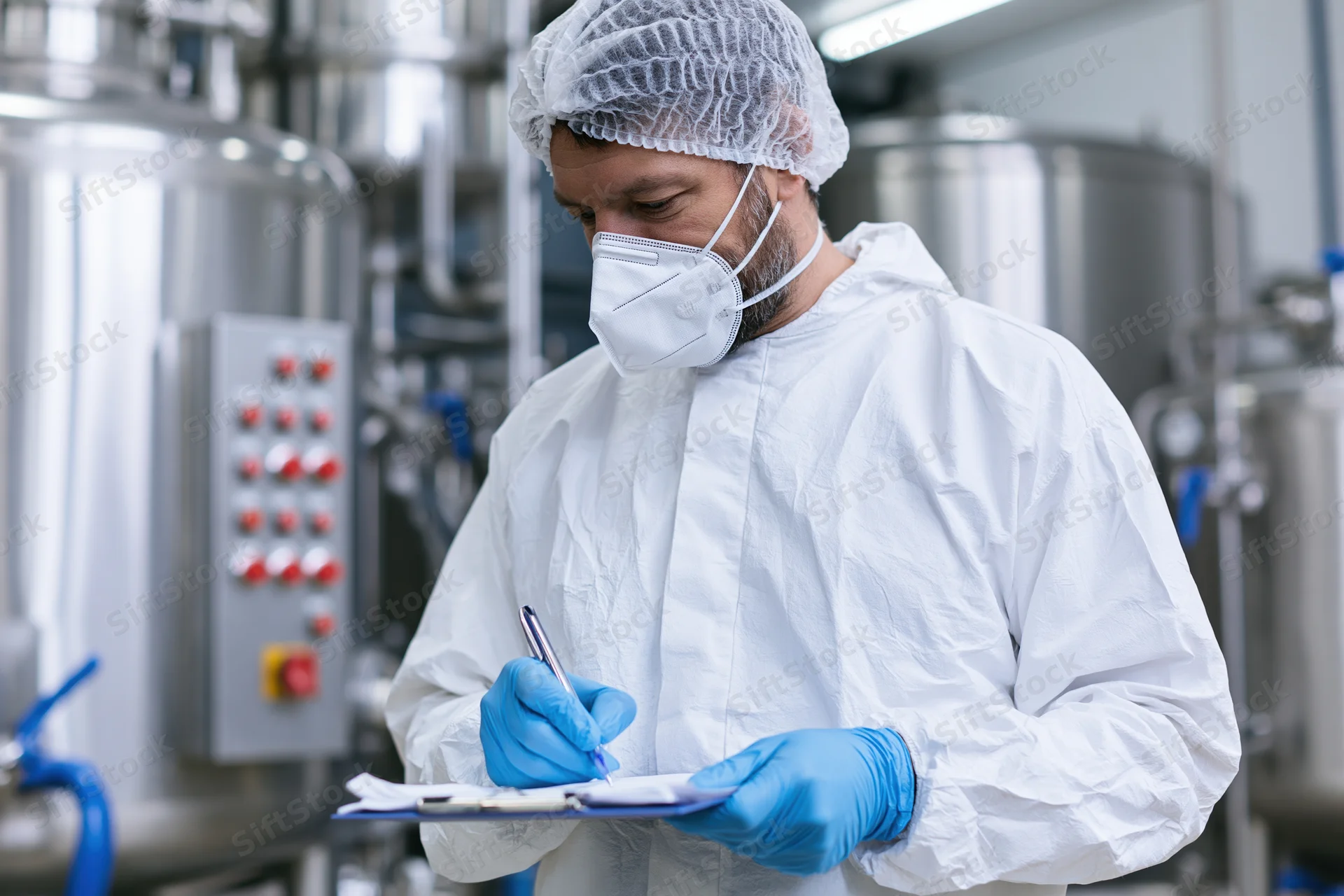 Male quality control worker writing on clipboard in factory setting