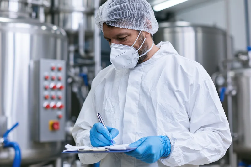 Male quality control worker writing on clipboard in factory setting