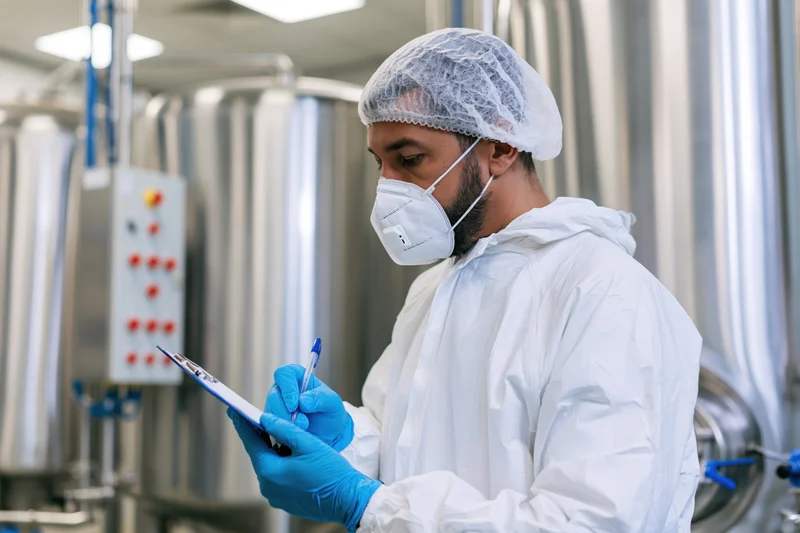 Male quality control worker writing on clipboard in factory with stainless steel tanks