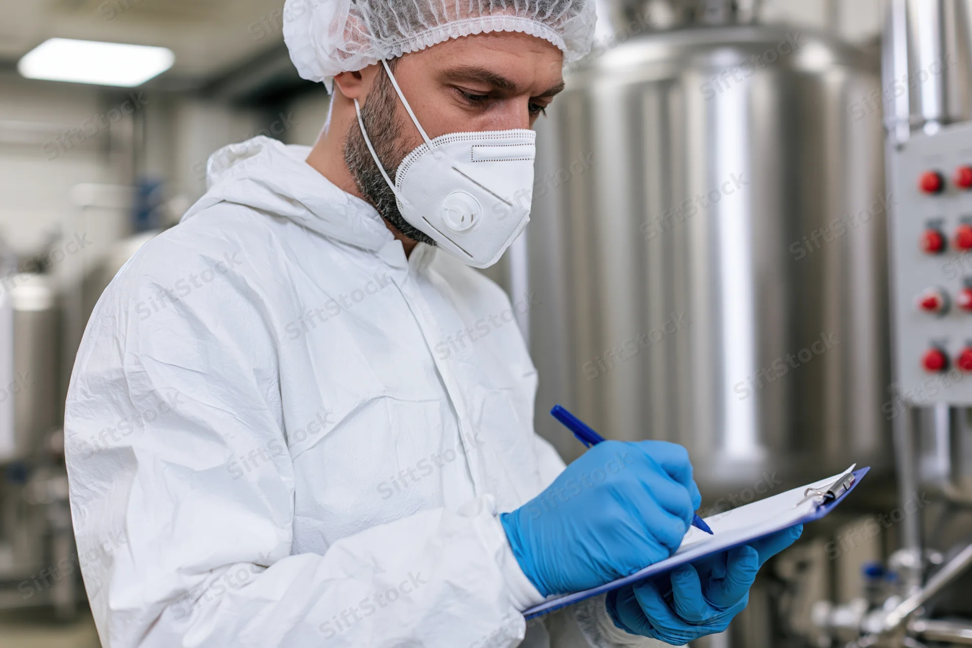 Male quality control worker writing on clipboard in factory production area