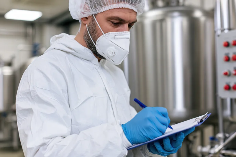 Male quality control worker writing on clipboard in factory production area