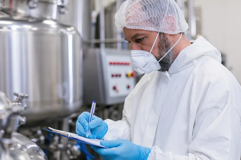 Male quality control worker writing on clipboard in factory production area