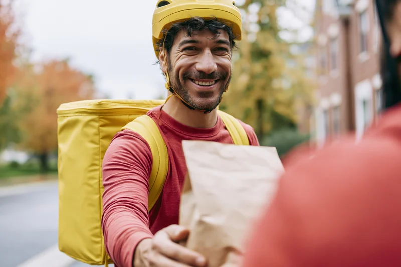 Smiling male courier handing food package to customer on city street