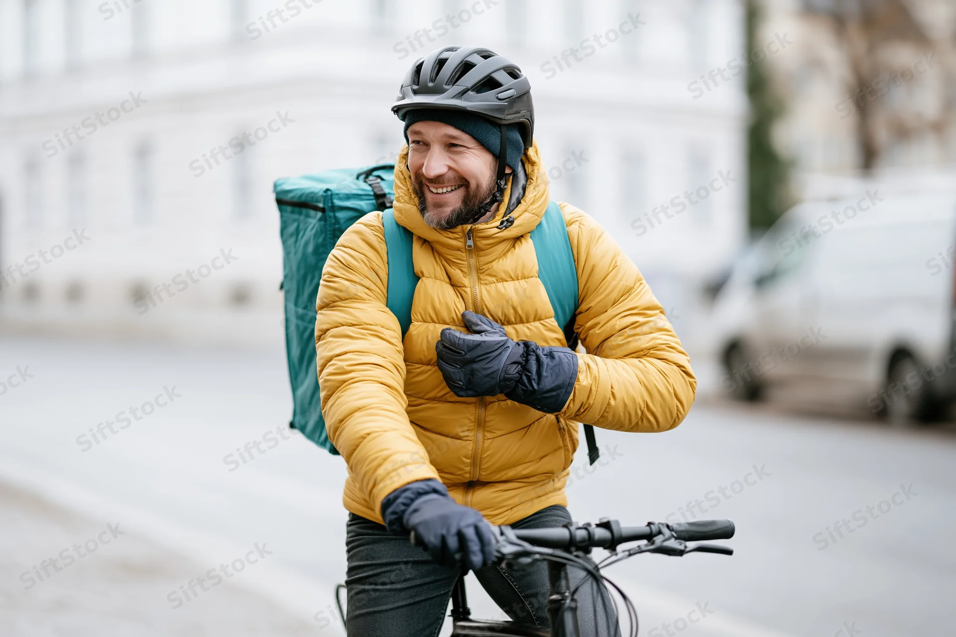 Smiling male courier on bicycle with delivery backpack in city street