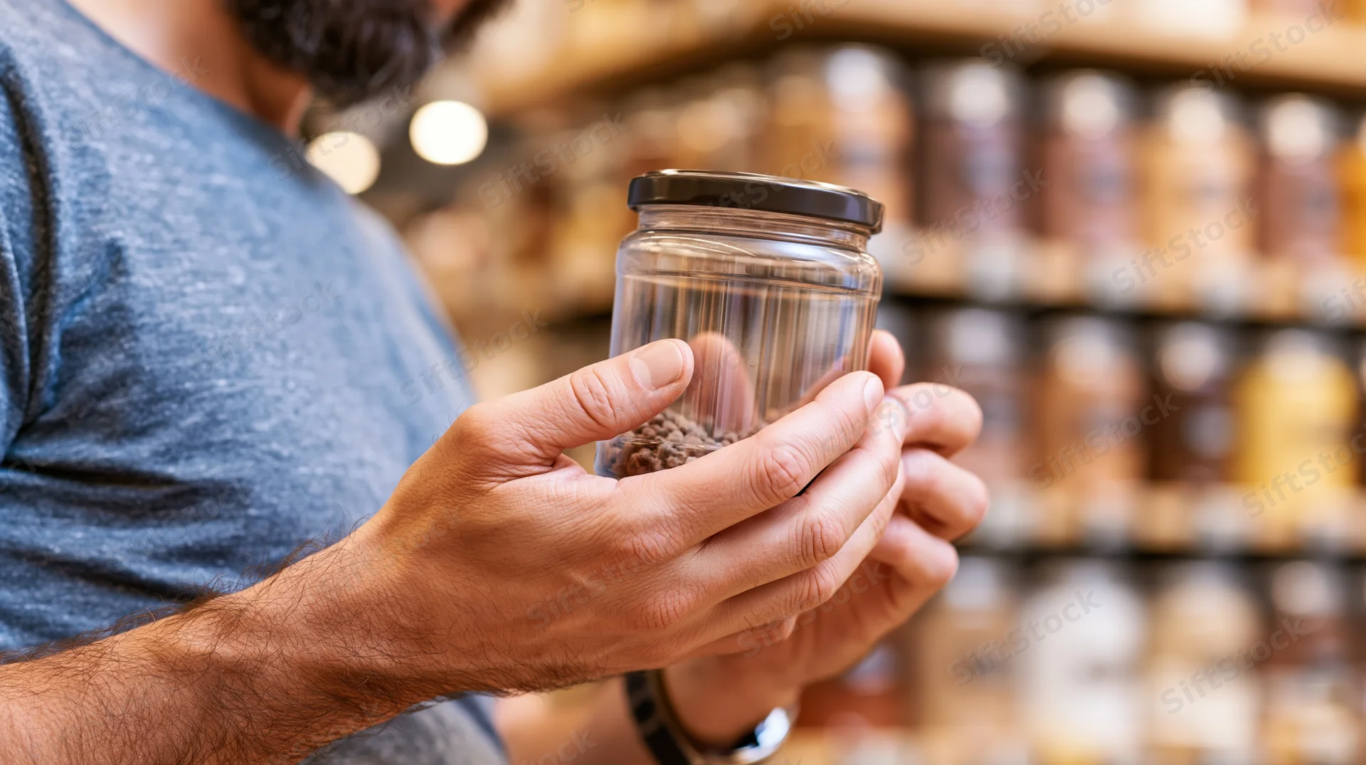 Man holding a transparent jar of coffee beans in a grocery store aisle, reading the label